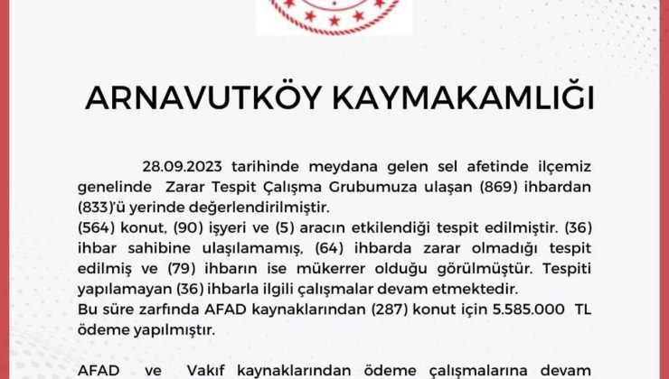 Arnavutköy Kaymakamlığı 28 Eylül’de Yaşanan Selle Ilgili Bilançoyu Açıkladı